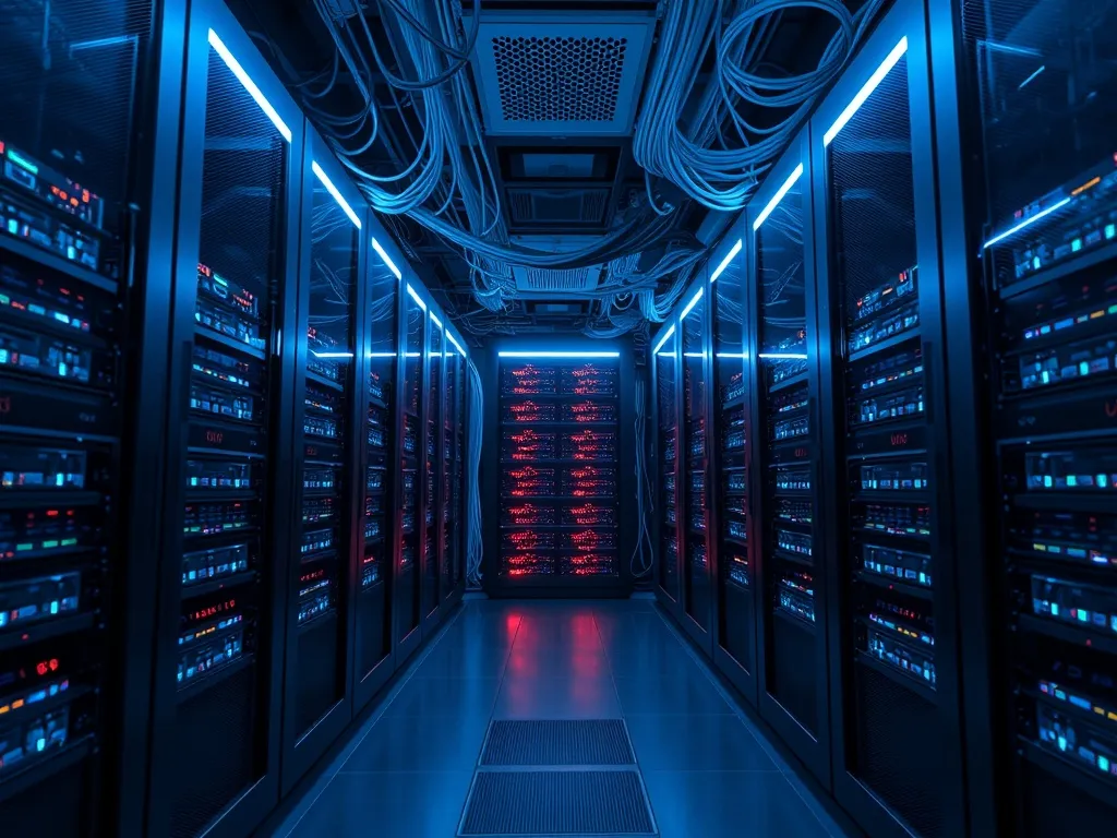 High-tech server room with blue cyan lighting, network cable