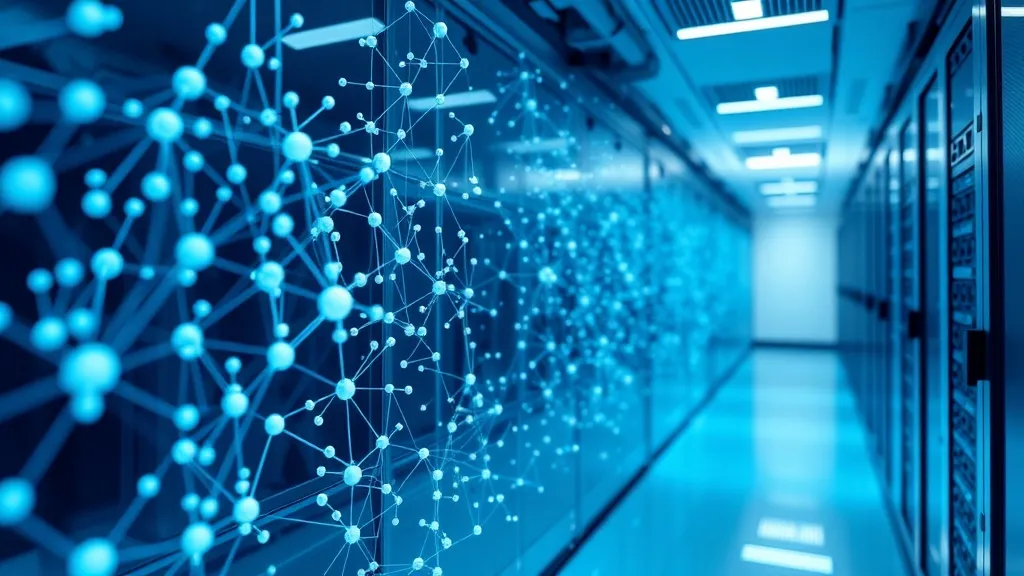 Abstract 3D visualization of data nodes and server racks, cy
